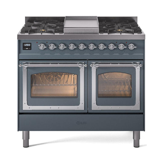 Ilve UND40FNMPBGC Ilve Und40Fnmpbgc Nostalgie Ii Noblesse 40" Dual Fuel Range (Natural Gas, Triple Glass Door, Blue Grey, Chrome)
