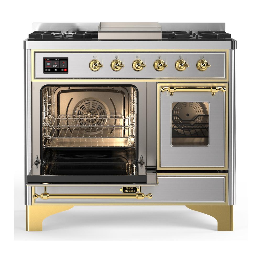 Ilve UMD40FNR3SSG Ilve Umd40Fnr3Ssg Majestic Iii 40 Inch Dual Fuel Range With 6 Burners And Griddle, Dual Function Burner Up To 25,000 Btu (Natural Gas, Triple Glass Door, Stainless Steel, Brass)