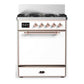 Ilve UM30QNR3WHP Ilve Um30Qnr3Whp Majestic Iii 30 Inch Dual Fuel Range With 5 Black Brass Burners, Dual Function Burner Up To 25,000 Btu (Natural Gas, Solid Door, White, Copper)