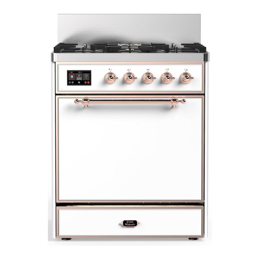 Ilve UM30QNR3WHP Ilve Um30Qnr3Whp Majestic Iii 30 Inch Dual Fuel Range With 5 Black Brass Burners, Dual Function Burner Up To 25,000 Btu (Natural Gas, Solid Door, White, Copper)
