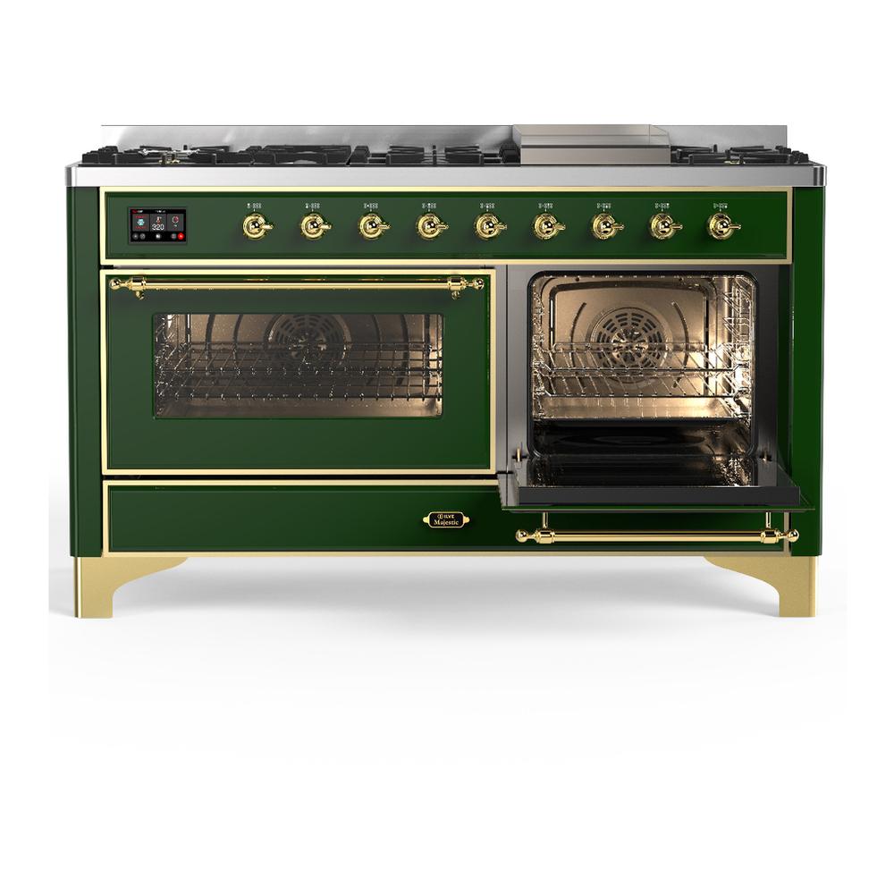 Ilve UM60FNR3EGG Ilve Um60Fnr3Egg Majestic Iii 60 Inch Dual Fuel Range With 9 Burners And Griddle, Dual Function Burner Up To 25,000 Btu (Natural Gas, Triple Glass Door, Emerald Green, Brass)
