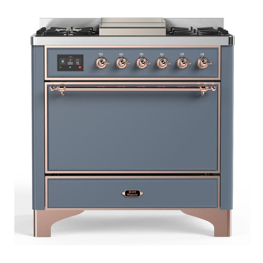 Ilve UM36FQNR3BGP Ilve Um36Fqnr3Bgp Majestic Iii 36 Inch Dual Fuel Range With 6 Black Brass Burners And Griddle, Dual Function Burner Up To 25,000 Btu (Solid Door, Blue Grey, Copper, Natural Gas)