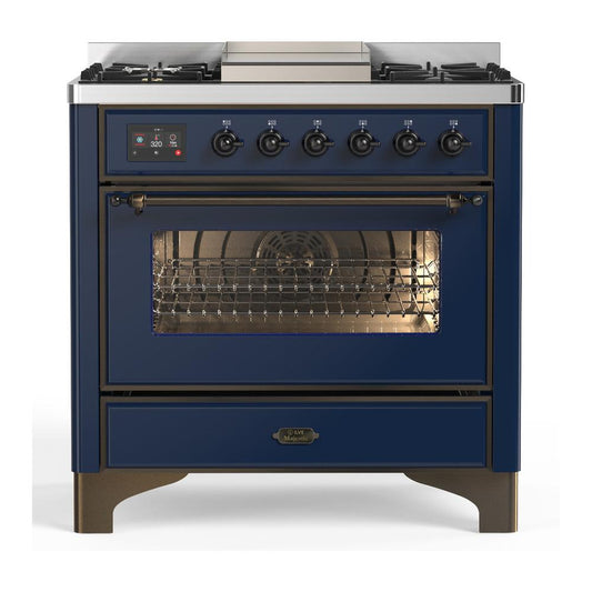 Ilve UM36FNR3MBBLP Ilve Um36Fnr3Mbblp Majestic Iii 36 Inch Dual Fuel Range With 6 Black Brass Burners And Griddle, Dual Function Burner Up To 25,000 Btu (Triple Glass Door, Midnight Blue, Burnished, Liquid Propane)