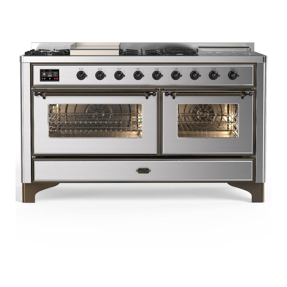 Ilve UM60FSNR3SSBLP Ilve Um60Fsnr3Ssblp Majestic Iii 60 Inch Dual Fuel Range With 7 Burners, Griddle And French Top, Dual Function Burner With Up To 25,000 Btu (Liquid Propane, Triple Glass Door, Stainless Steel, Burnished)
