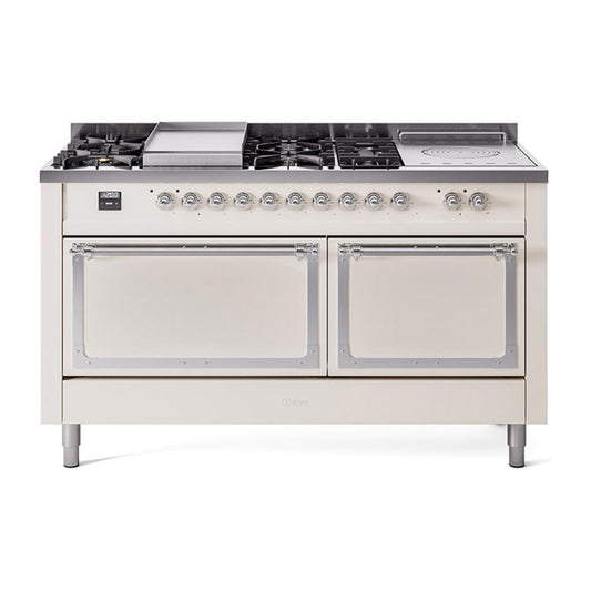 Ilve UN60FSQNMPAWCLP Ilve Un60Fsqnmpawclp Nostalgie Ii Noblesse 60" Dual Fuel Range (7 Sealed Burners + Griddle + French Top, Liquid Propane, Solid Door, Antique White, Chrome)