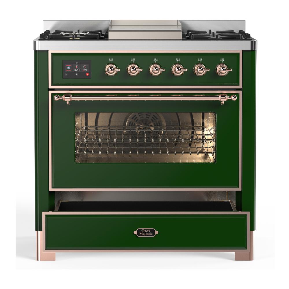 Ilve UM36FNR3EGP Ilve Um36Fnr3Egp Majestic Iii 36 Inch Dual Fuel Range With 6 Black Brass Burners And Griddle, Dual Function Burner Up To 25,000 Btu (Triple Glass Door, Emerald Green, Copper, Natural Gas)