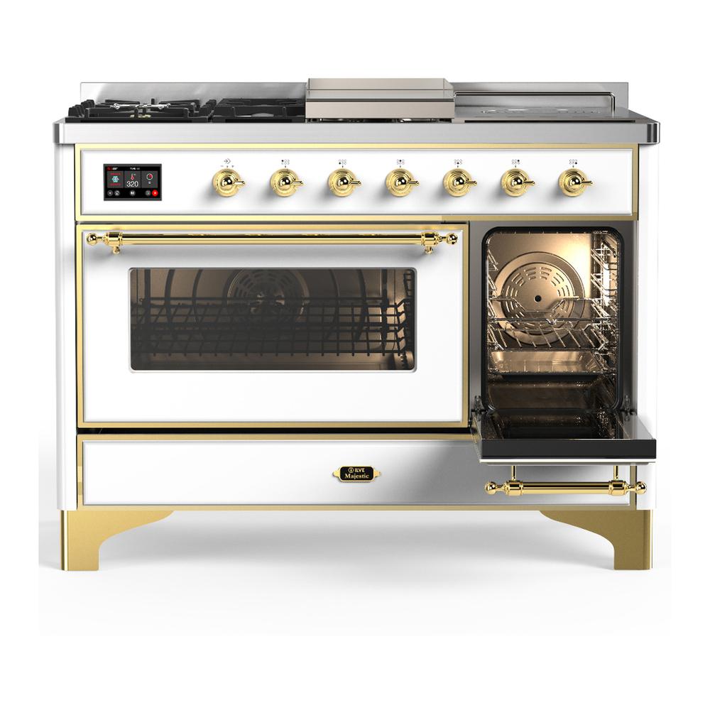 Ilve UM48FSNR3WHGLP Ilve Um48Fsnr3Whglp Majestic Iii 48 Inch Dual Fuel Range With 5 Black Brass Burners, Griddle And French Top, Dual Function Burner Up To 25,000 Btu (Liquid Propane, Triple Glass Door, White, Brass)