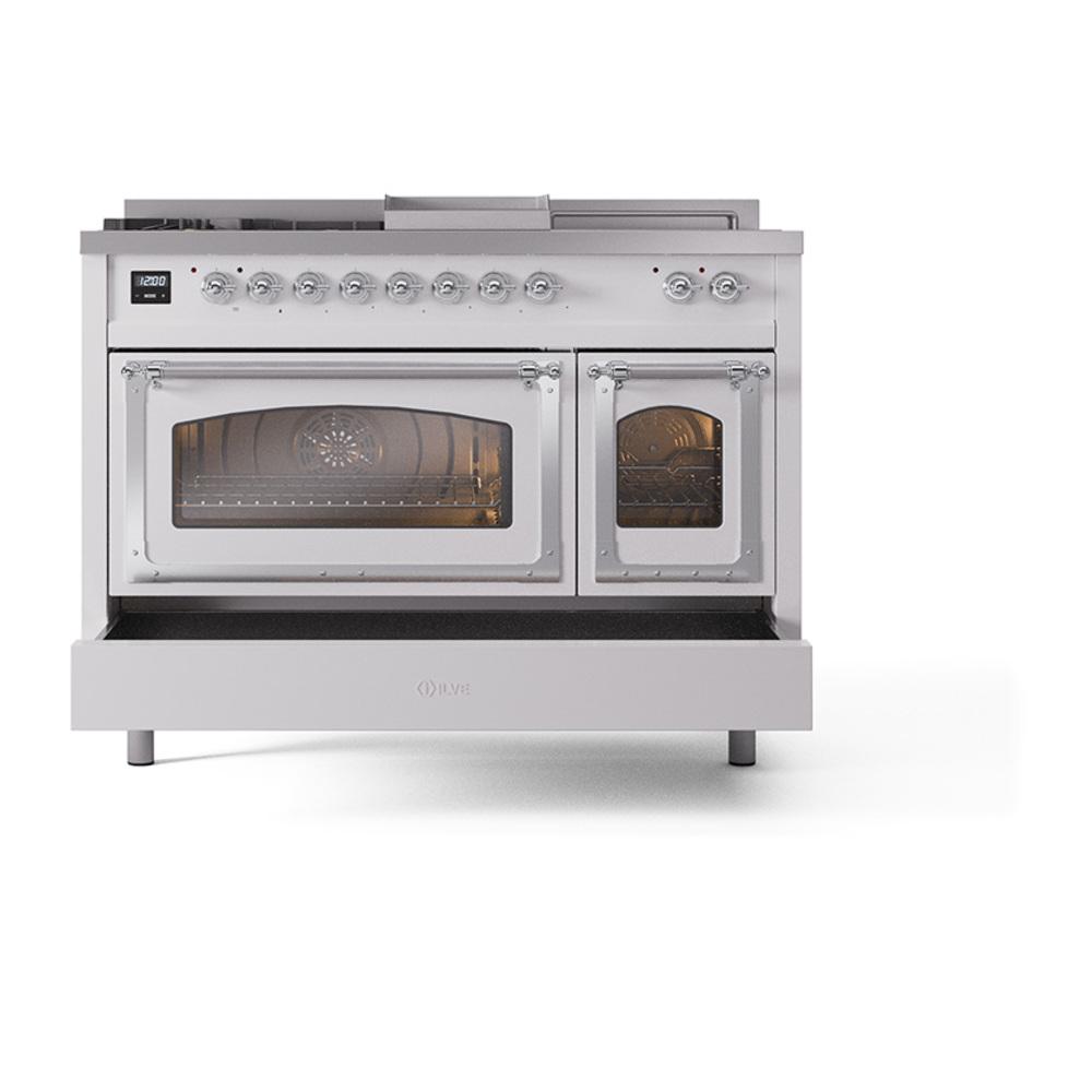 Ilve UN48FSNMPWHCLP Ilve Un48Fsnmpwhclp Nostalgie Ii Noblesse 48" Dual Fuel Range (5 Sealed Burners + Griddle + French Top, Liquid Propane, Triple Glass Door, White, Chrome)