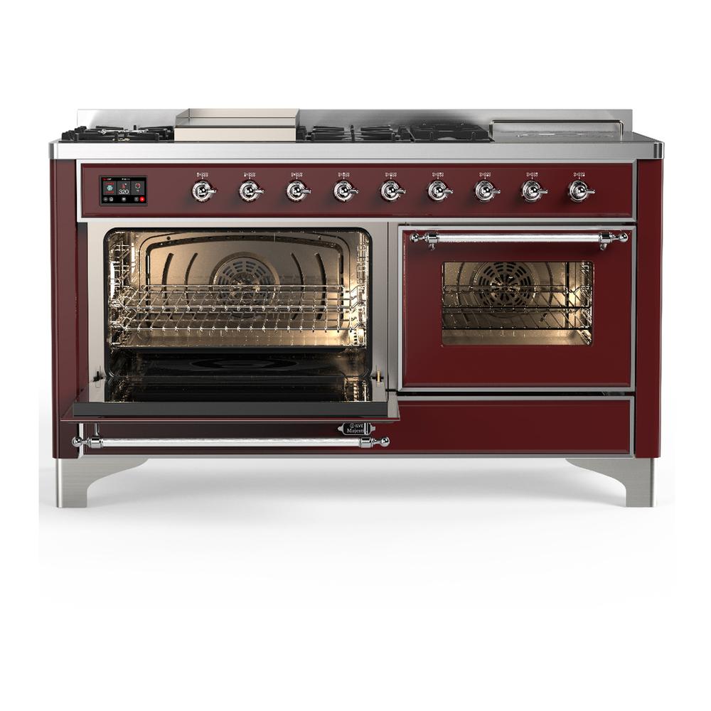 Ilve UM60FSNR3BUCLP Ilve Um60Fsnr3Buclp Majestic Iii 60 Inch Dual Fuel Range With 7 Burners, Griddle And French Top, Dual Function Burner With Up To 25,000 Btu (Liquid Propane, Triple Glass Door, Burgundy, Chrome)