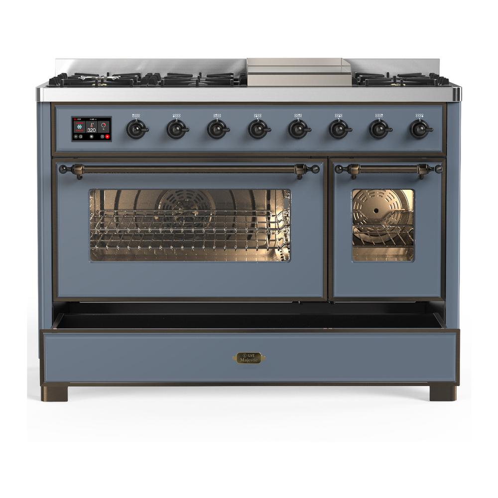 Ilve UM48FNR3BGBLP Ilve Um48Fnr3Bgblp Majestic Iii 48 Inch Dual Fuel Range With 8 Burners And Griddle, Dual Function Burner Up To 25,000 Btu (Liquid Propane, Triple Glass Door, Blue Grey, Burnished)