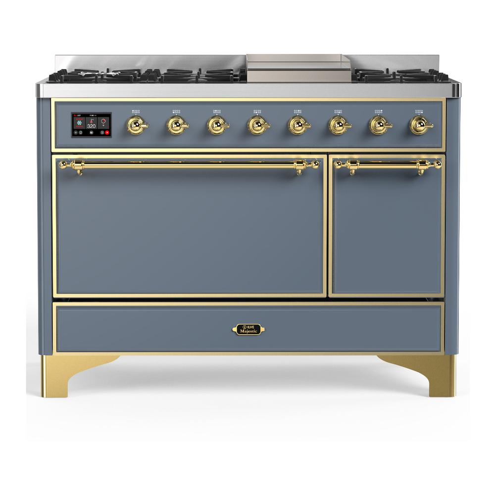 Ilve UM48FQNR3BGGLP Ilve Um48Fqnr3Bgglp Majestic Iii 48 Inch Dual Fuel Range With 8 Burners And Griddle, Dual Function Burner Up To 25,000 Btu (Liquid Propane, Solid Door, Blue Grey, Brass)