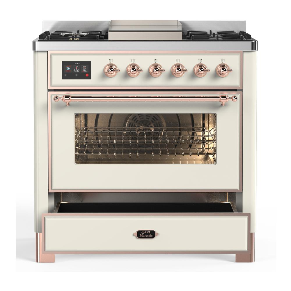 Ilve UM36FNR3AWP Ilve Um36Fnr3Awp Majestic Iii 36 Inch Dual Fuel Range With 6 Black Brass Burners And Griddle, Dual Function Burner Up To 25,000 Btu (Triple Glass Door, Antique White, Copper, Natural Gas)