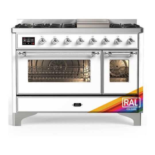 Ilve UM48FNR3RACLP Ilve Um48Fnr3Raclp Majestic Iii 48 Inch Dual Fuel Range With 8 Burners And Griddle, Dual Function Burner Up To 25,000 Btu (Liquid Propane, Triple Glass Door, Ral, Chrome)