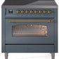 Ilve UPI366NMPBGG Nostalgie Ii 36 Inch Electric Freestanding Range In Blue Grey With Brass Trim