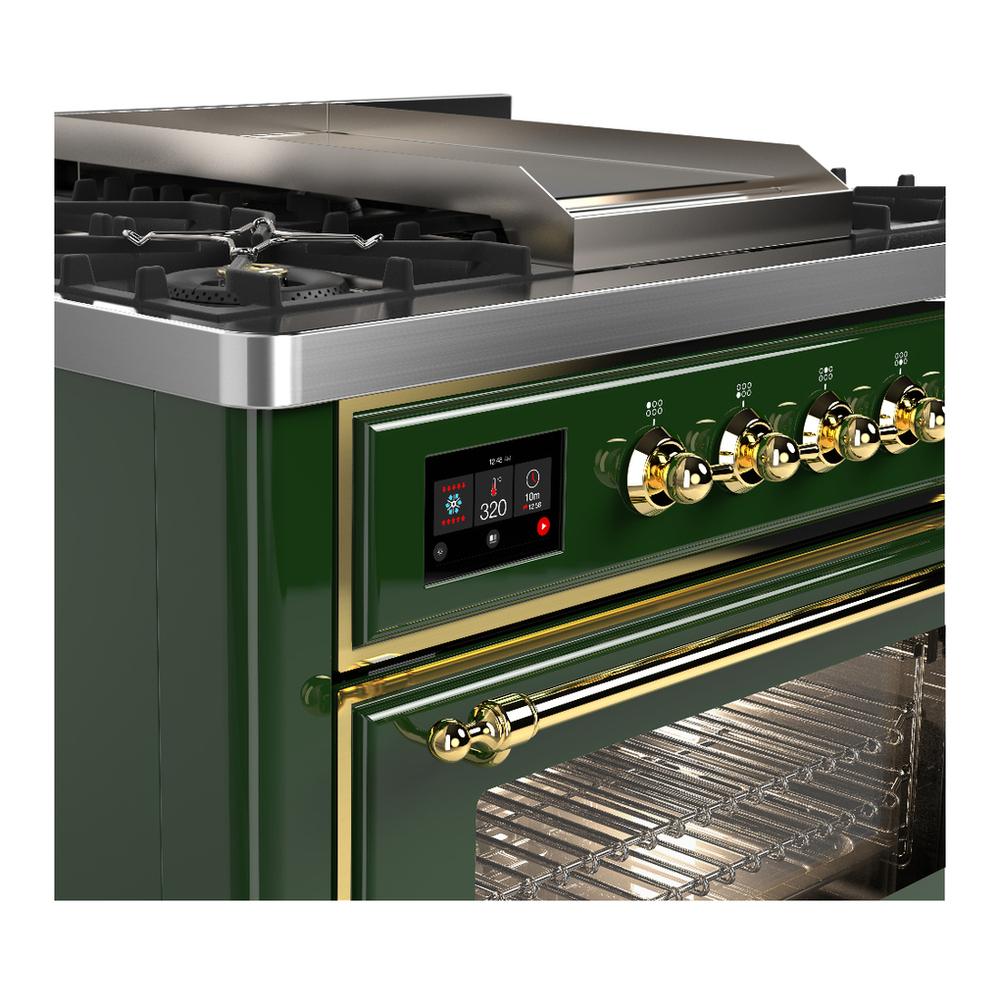 Ilve UM36FNR3EGGLP Ilve Um36Fnr3Egglp Majestic Iii 36 Inch Dual Fuel Range With 6 Black Brass Burners And Griddle, Dual Function Burner Up To 25,000 Btu (Triple Glass Door, Emerald Green, Brass, Liquid Propane)