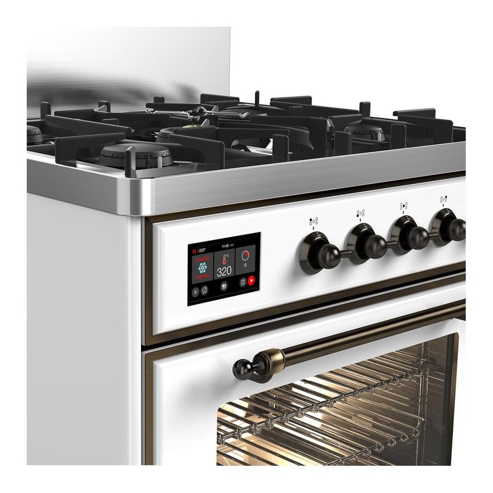 Ilve UM30NR3WHBLP Ilve Um30Nr3Whblp Majestic Iii 30 Inch Dual Fuel Range With 5 Black Brass Burners, Dual Function Burner Up To 25,000 Btu (Liquid Propane, Triple Glass Door, White, Burnished)