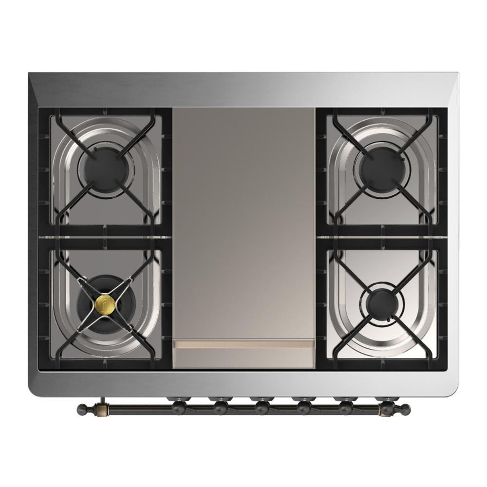 Ilve UM36FNR3BKB Ilve Um36Fnr3Bkb Majestic Iii 36 Inch Dual Fuel Range With 6 Black Brass Burners And Griddle, Dual Function Burner Up To 25,000 Btu (Triple Glass Door, Glossy Black, Burnished, Natural Gas)