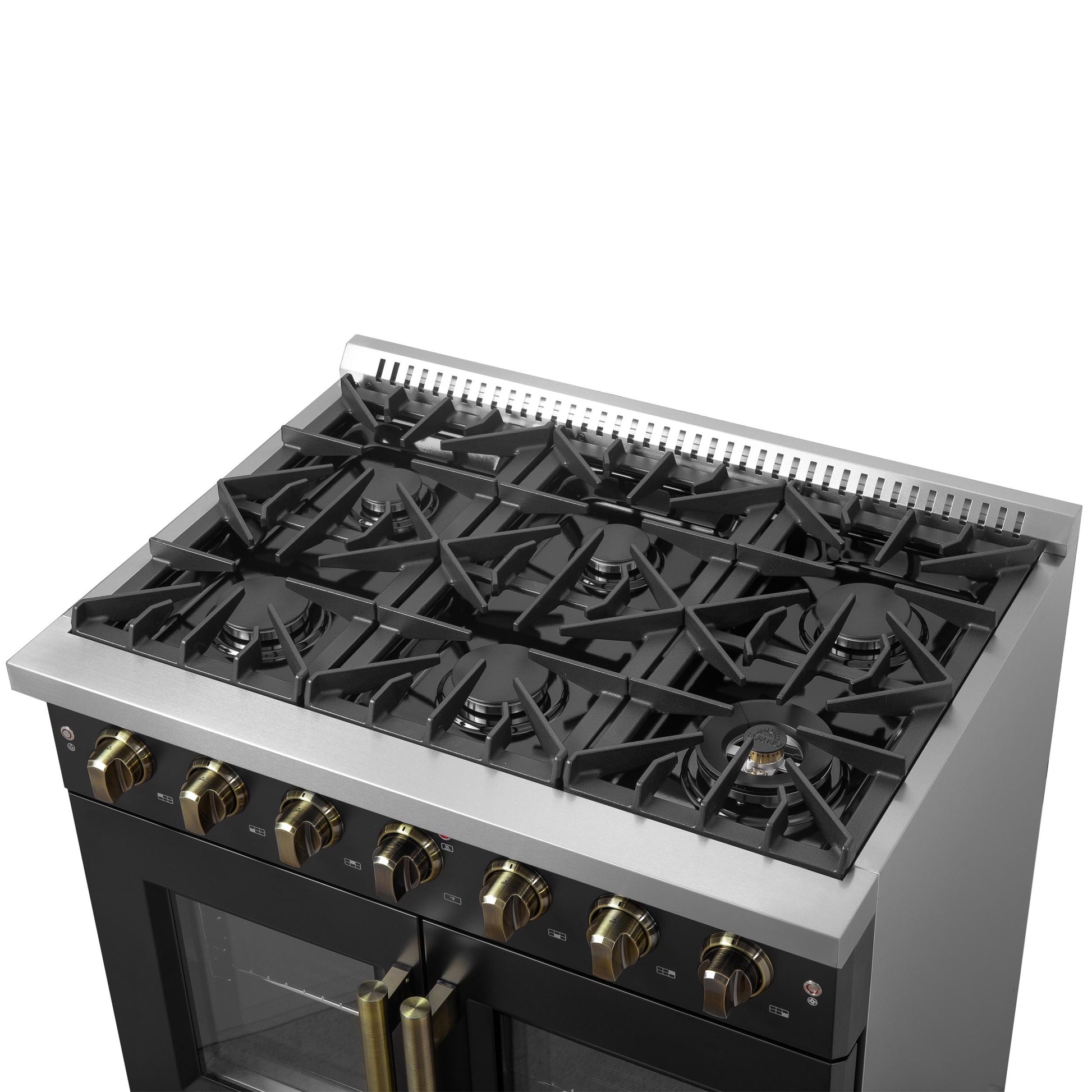 Forno FFSGS644436BLK Forno Galiano 36-Inch French Door Gas Range Black And Antique Brass Design, 6 Sealed Burners 83,000 Btu, 5.36 Cu.Ft. Convection Oven
