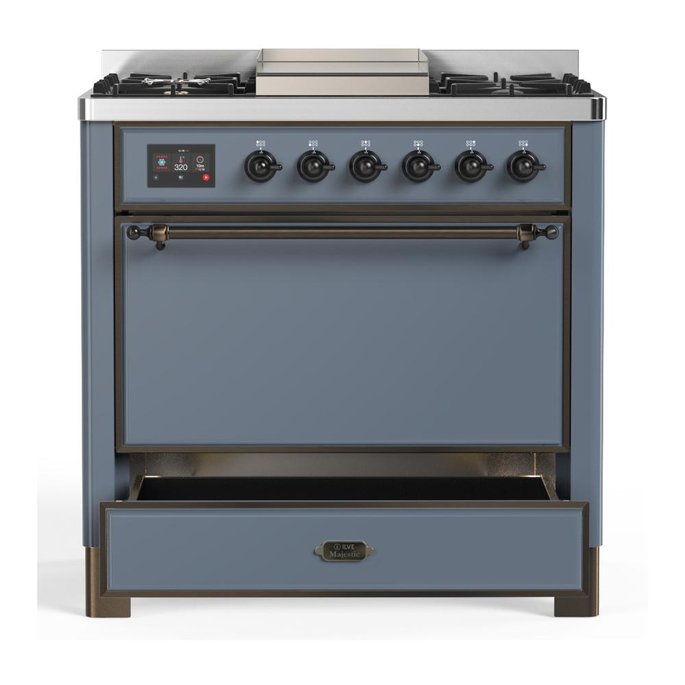 Ilve UM36FQNR3BGBLP Ilve Um36Fqnr3Bgblp Majestic Iii 36 Inch Dual Fuel Range With 6 Black Brass Burners And Griddle, Dual Function Burner Up To 25,000 Btu (Solid Door, Blue Grey, Burnished, Liquid Propane)