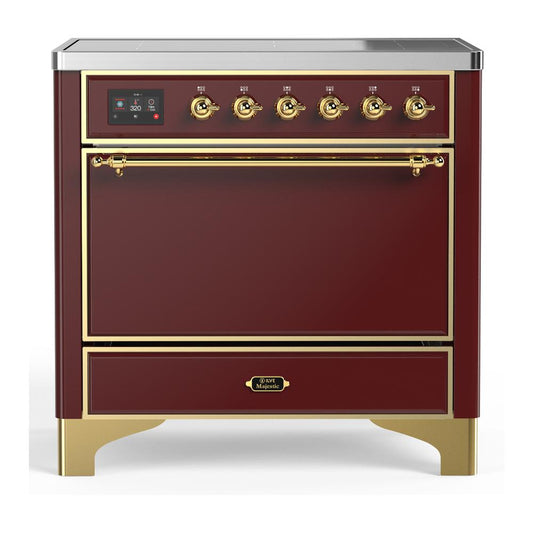 Ilve UMIB36QNR3BUG Ilve Umib36Qnr3Bug Majestic Iii 36 Inch Induction Range With 6 Elements, 3.5 Cu. Ft. Total Oven Capacity (Solid Door, Burgundy, Brass)