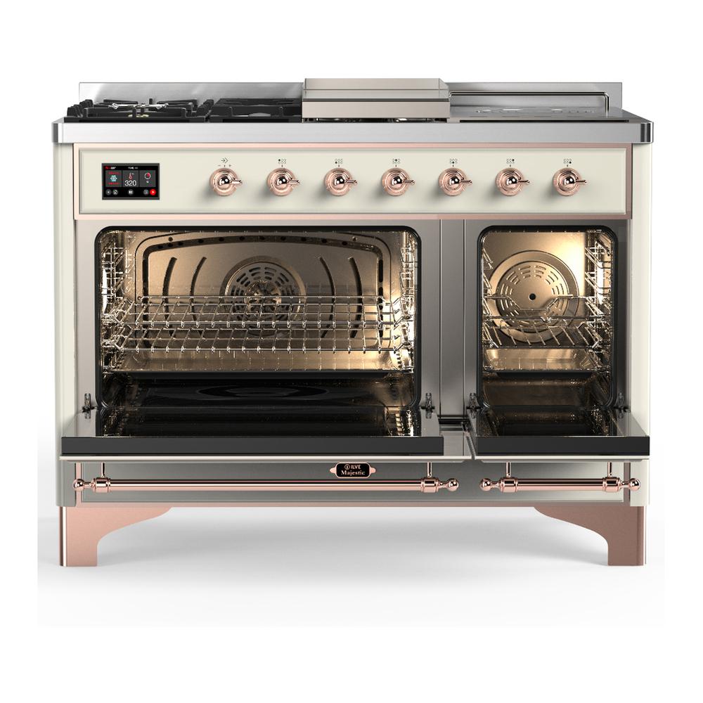 Ilve UM48FSNR3AWP Ilve Um48Fsnr3Awp Majestic Iii 48 Inch Dual Fuel Range With 5 Black Brass Burners, Griddle And French Top, Dual Function Burner Up To 25,000 Btu (Natural Gas, Triple Glass Door, Antique White, Copper)