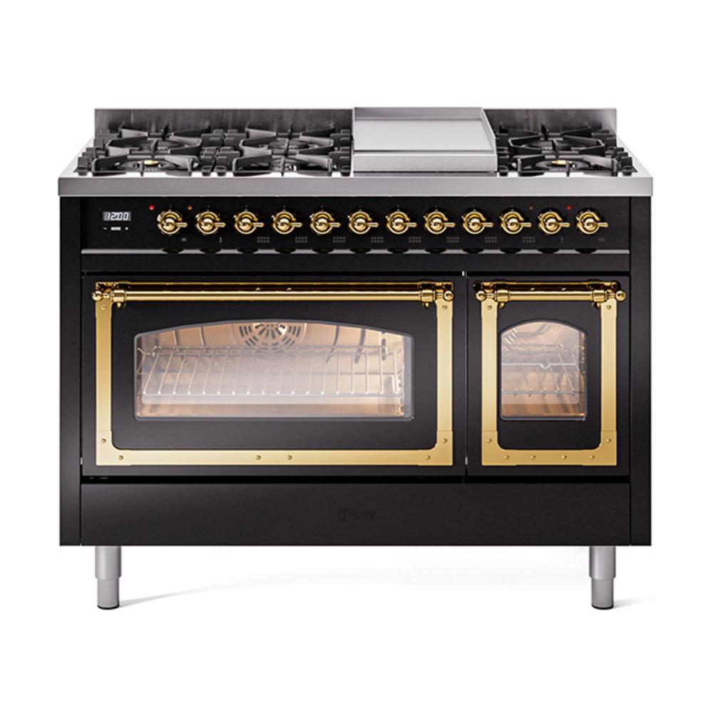 Ilve UN48FNMPBKGLP Ilve Un48Fnmpbkglp Nostalgie Ii Noblesse 48" Dual Fuel Range (8 Sealed Burners + Griddle, Liquid Propane, Triple Glass Door, Glossy Black, Brass)