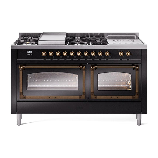 Ilve UN60FSNMPBKB Ilve Un60Fsnmpbkb Nostalgie Ii Noblesse 60" Dual Fuel Range (7 Sealed Burners + Griddle + French Top, Natural Gas, Triple Glass Door, Glossy Black, Burnished)