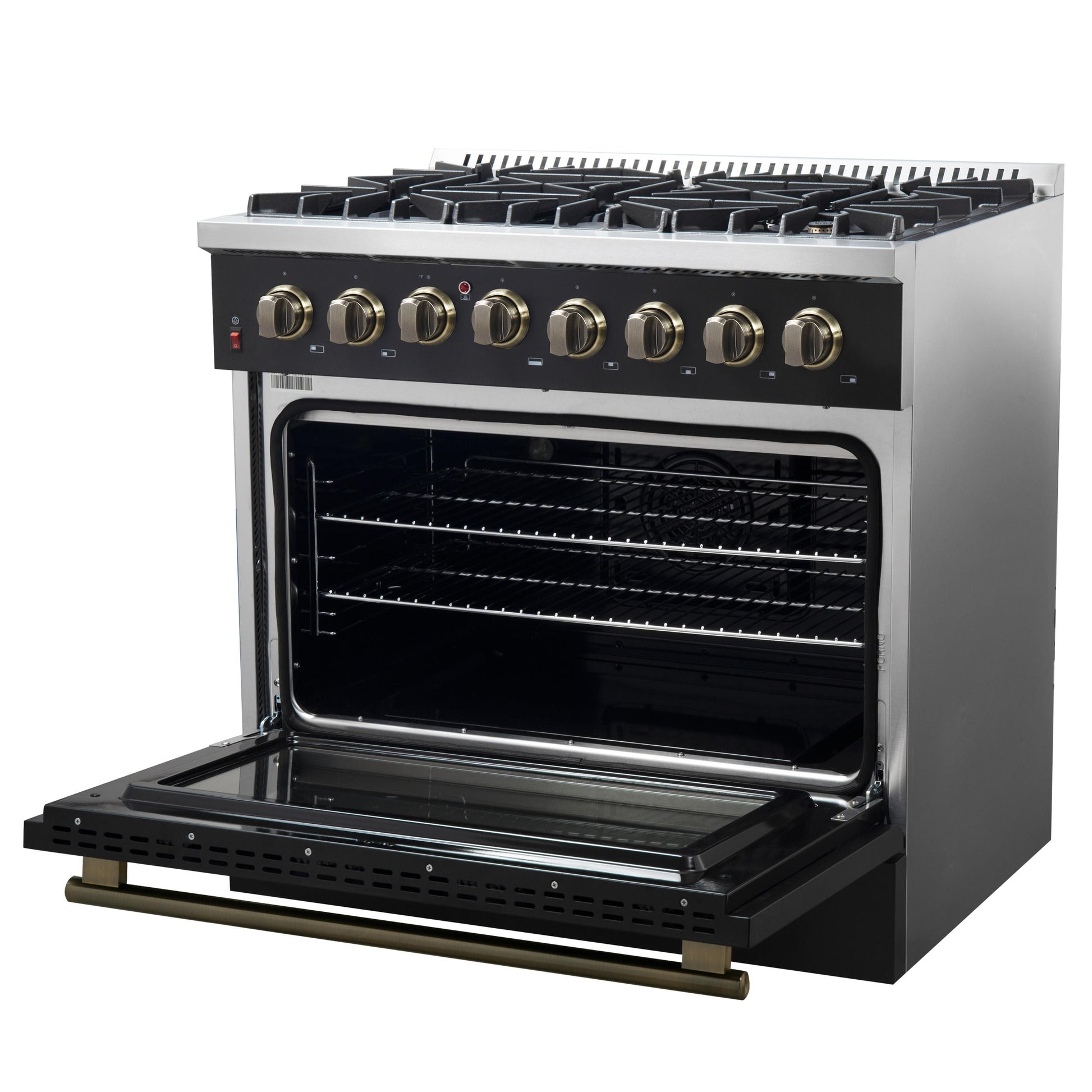 Forno FFSGS615636BLK Forno Galiano 36-Inch Dual Fuel Range In Black & Antique Brass Design, 6 Sealed Burners 83,000 Btu, 5.36 Cu.Ft. True Convection Oven