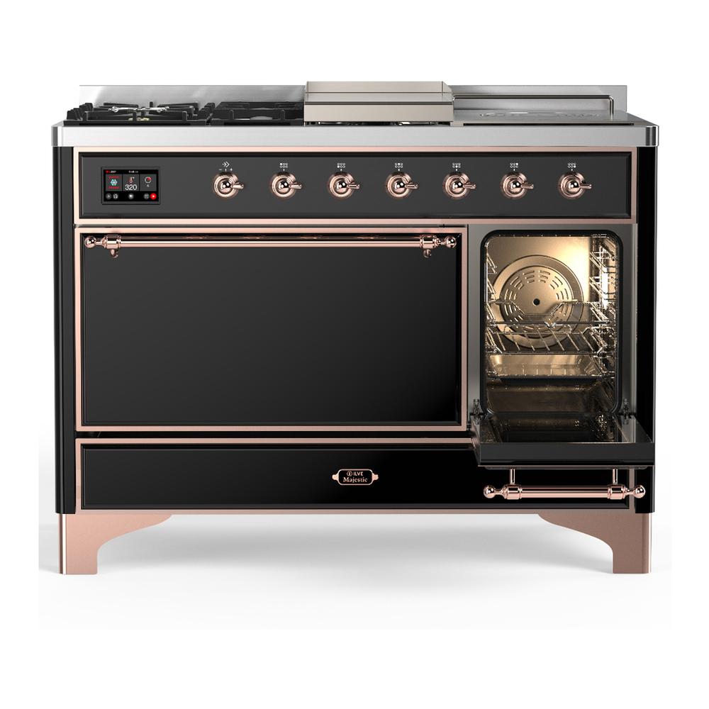 Ilve UM48FSQNR3BKPLP Ilve Um48Fsqnr3Bkplp Majestic Iii 48 Inch Dual Fuel Range With 5 Black Brass Burners, Griddle And French Top, Dual Function Burner Up To 25,000 Btu (Liquid Propane, Solid Door, Glossy Black, Copper)