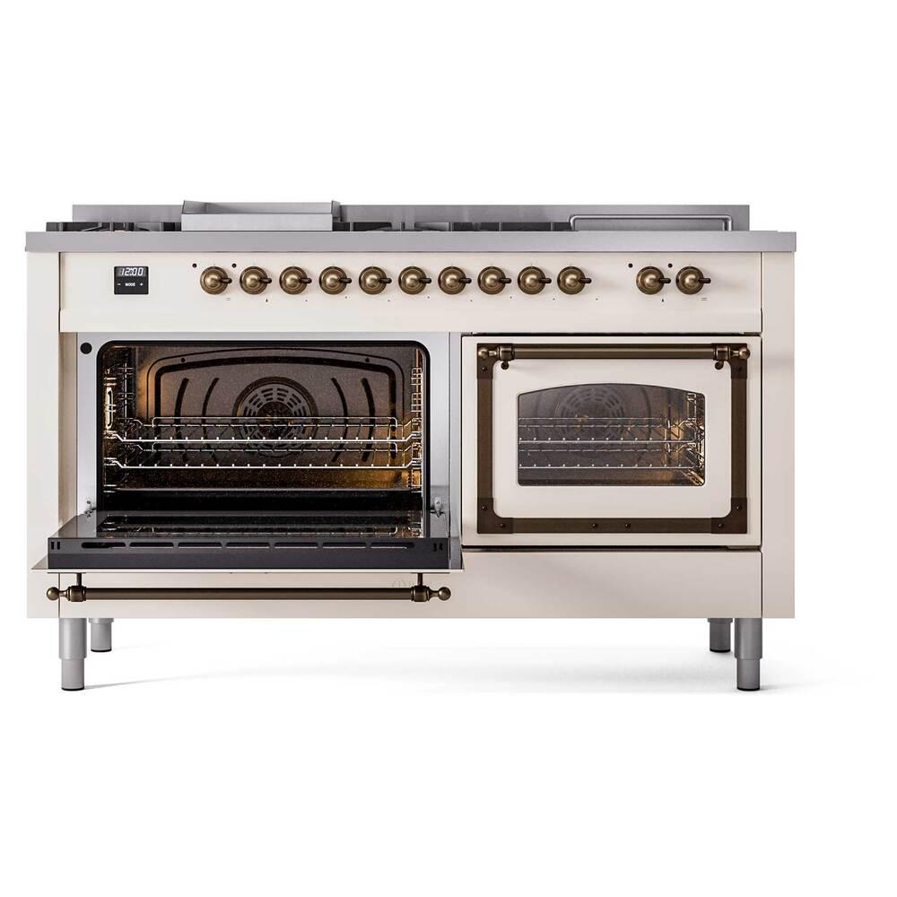 Ilve UN60FSNMPAWB Ilve Un60Fsnmpawb Nostalgie Ii Noblesse 60" Dual Fuel Range (7 Sealed Burners + Griddle + French Top, Natural Gas, Triple Glass Door, Antique White, Burnished)