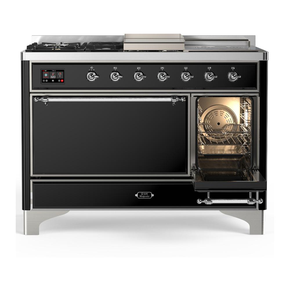 Ilve UM48FSQNR3BKCLP Ilve Um48Fsqnr3Bkclp Majestic Iii 48 Inch Dual Fuel Range With 5 Black Brass Burners, Griddle And French Top, Dual Function Burner Up To 25,000 Btu (Liquid Propane, Solid Door, Glossy Black, Chrome)