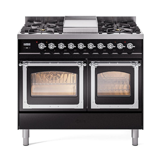 Ilve UND40FNMPBKCLP Ilve Und40Fnmpbkclp Nostalgie Ii Noblesse 40" Dual Fuel Range (Liquid Propane, Triple Glass Door, Glossy Black, Chrome)