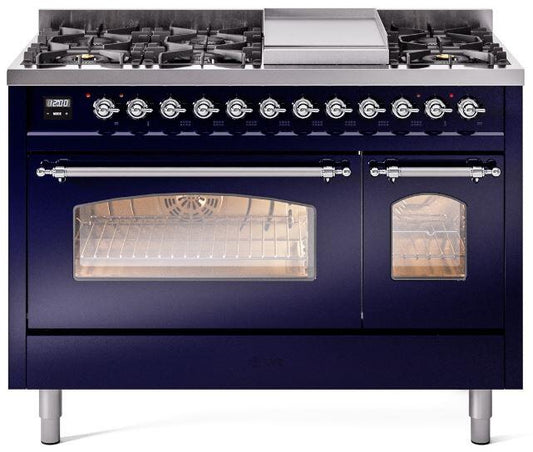 Ilve UP48FNMPMBC Nostalgie Ii 48 Inch Dual Fuel Natural Gas Freestanding Range In Blue With Chrome Trim