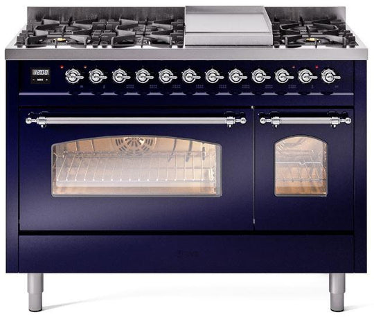 Ilve UP48FNMPMBC Nostalgie Ii 48 Inch Dual Fuel Natural Gas Freestanding Range In Blue With Chrome Trim