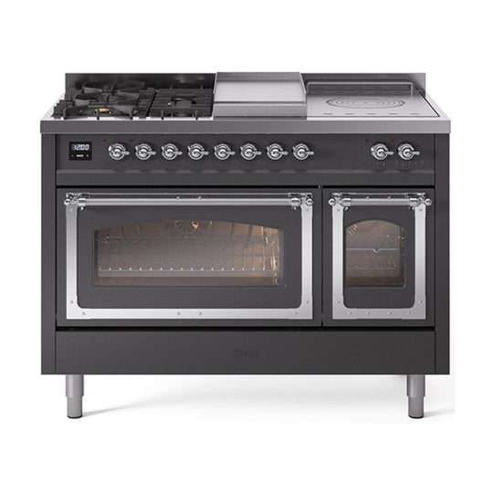 Ilve UN48FSNMPMGC Ilve Un48Fsnmpmgc Nostalgie Ii Noblesse 48" Dual Fuel Range (5 Sealed Burners + Griddle + French Top, Natural Gas, Triple Glass Door, Graphite Matte, Chrome)