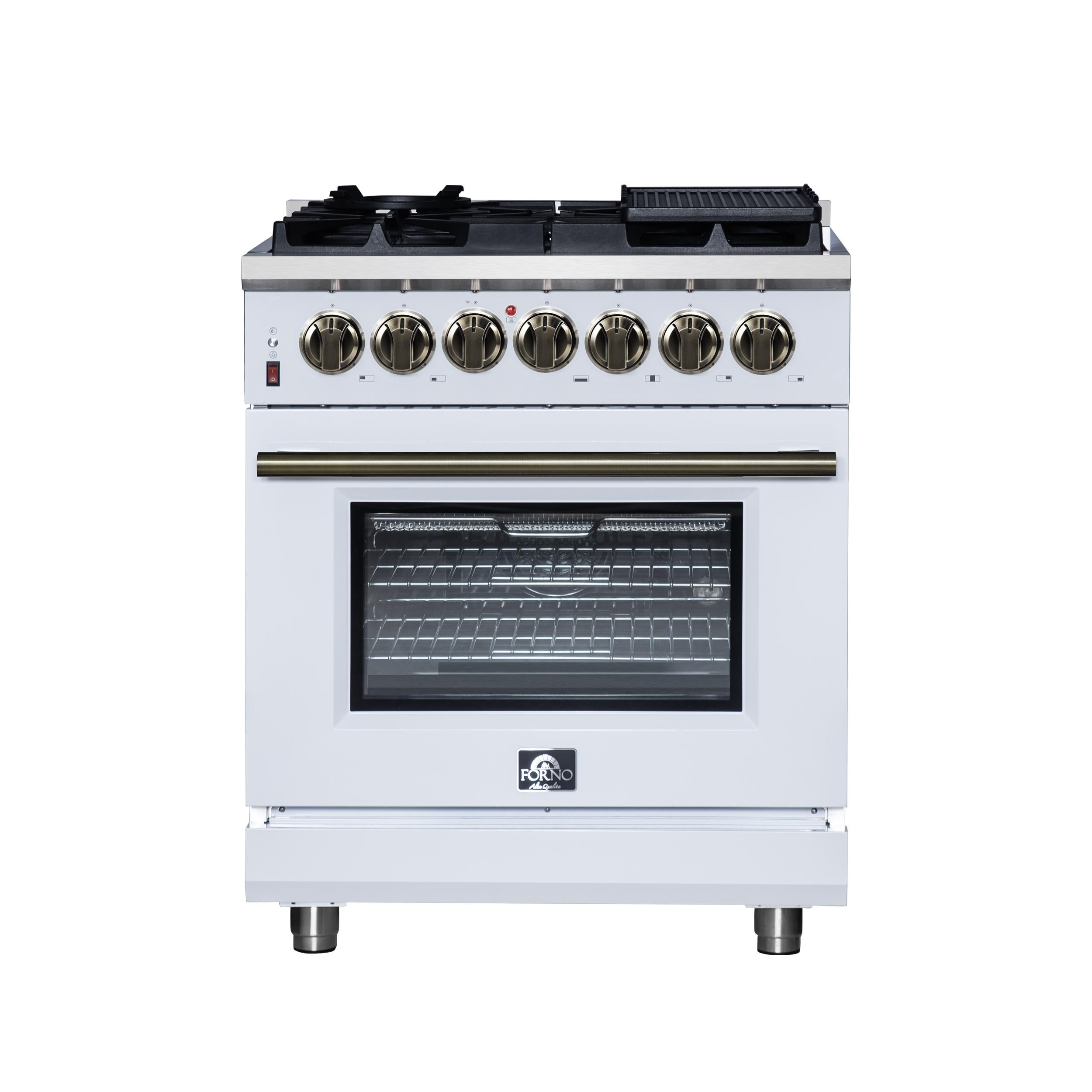 Forno FFSGS612530WHT Forno Massimo 30-Inch Freestanding Dual Fuel Range In White With Antique Brass Accessories, 4 Burners, 4.32 Cu. Ft. Convection Oven