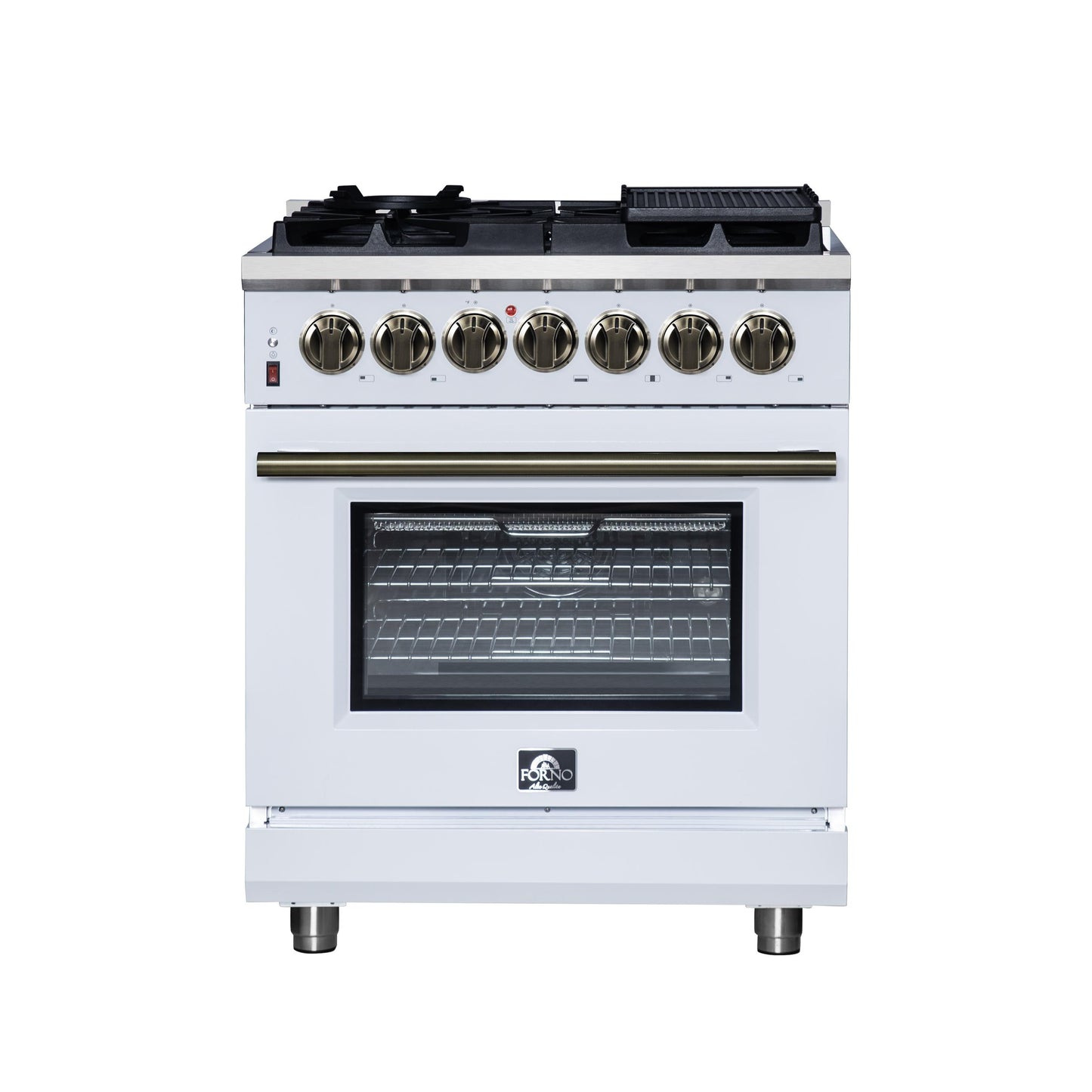 Forno FFSGS612530WHT Forno Massimo 30-Inch Freestanding Dual Fuel Range In White With Antique Brass Accessories, 4 Burners, 4.32 Cu. Ft. Convection Oven