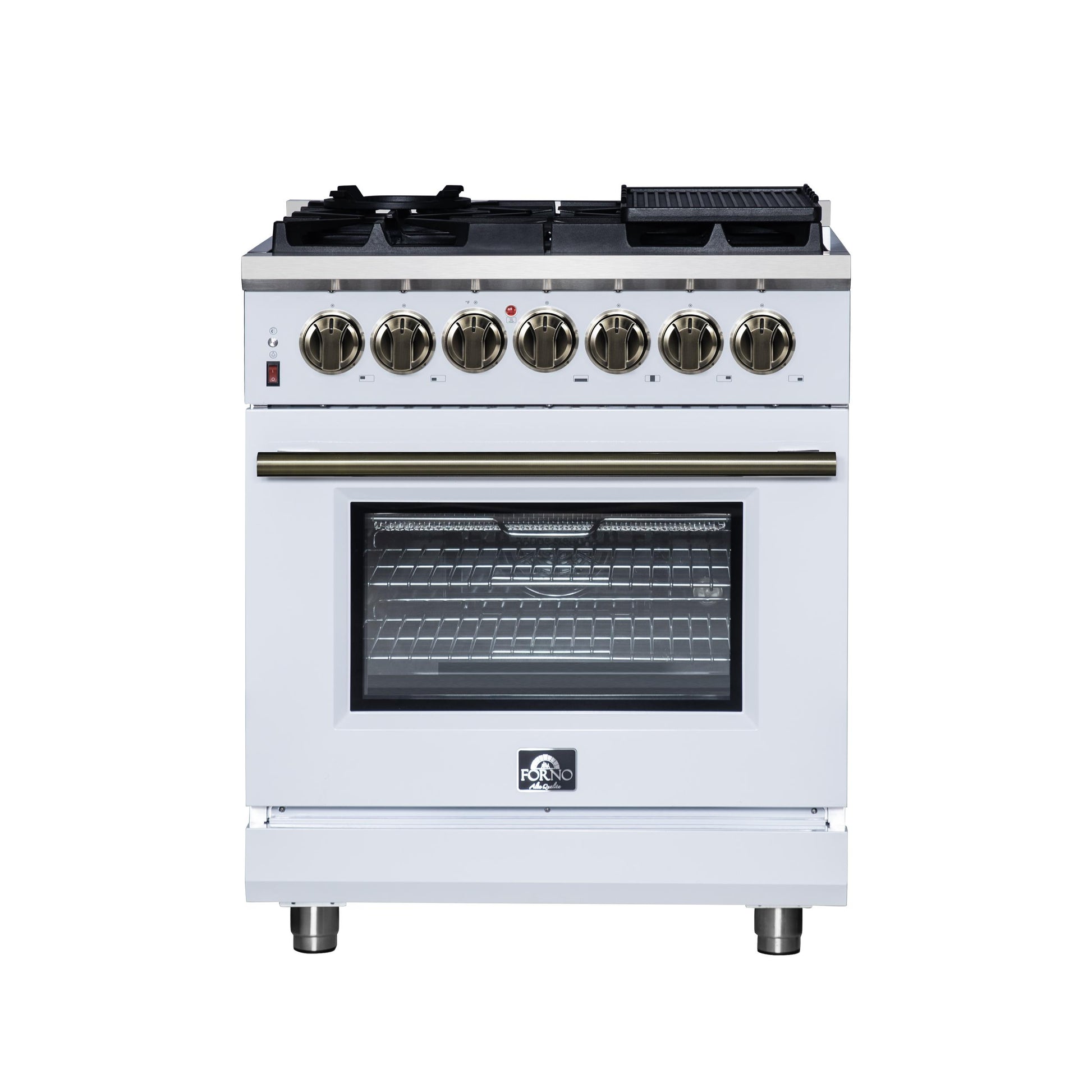 Forno FFSGS612530WHT Forno Massimo 30-Inch Freestanding Dual Fuel Range In White With Antique Brass Accessories, 4 Burners, 4.32 Cu. Ft. Convection Oven