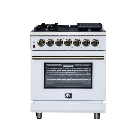 Forno FFSGS612530WHT Forno Massimo 30-Inch Freestanding Dual Fuel Range In White With Antique Brass Accessories, 4 Burners, 4.32 Cu. Ft. Convection Oven