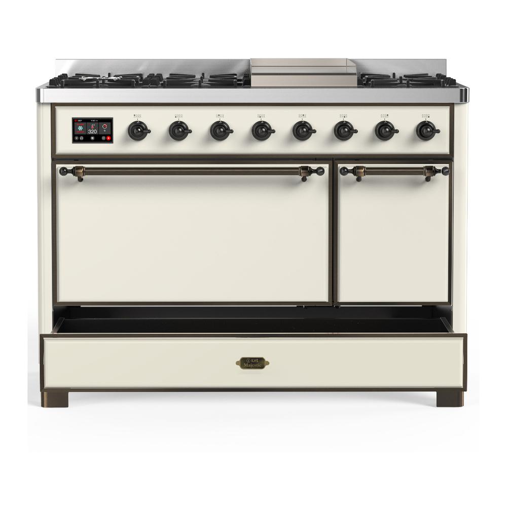 Ilve UM48FQNR3AWBLP Ilve Um48Fqnr3Awblp Majestic Iii 48 Inch Dual Fuel Range With 8 Burners And Griddle, Dual Function Burner Up To 25,000 Btu (Liquid Propane, Solid Door, Antique White, Burnished)