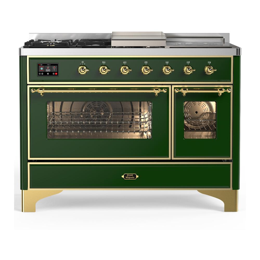 Ilve UM48FSNR3EGGLP Ilve Um48Fsnr3Egglp Majestic Iii 48 Inch Dual Fuel Range With 5 Black Brass Burners, Griddle And French Top, Dual Function Burner Up To 25,000 Btu (Liquid Propane, Triple Glass Door, Emerald Green, Brass)