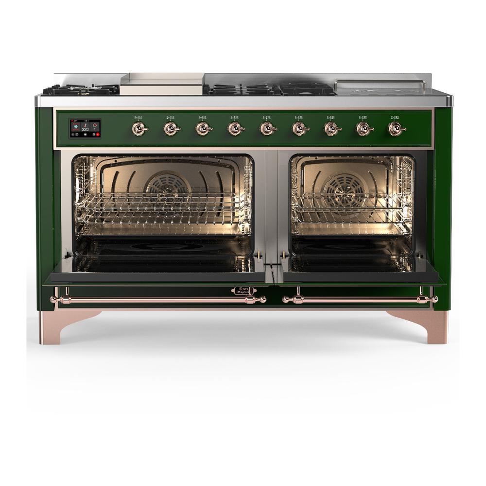 Ilve UM60FSQNR3EGP Ilve Um60Fsqnr3Egp Majestic Iii 60 Inch Dual Fuel Range With 7 Burners, Griddle And French Top, Dual Function Burner With Up To 25,000 Btu (Natural Gas, Solid Door, Emerald Green, Copper)