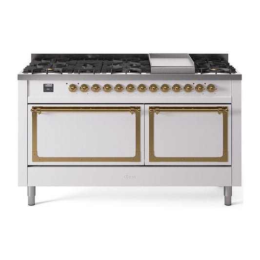 Ilve UN60FQNMPWHGLP Ilve Un60Fqnmpwhglp Nostalgie Ii Noblesse 60" Dual Fuel Range (9 Sealed Burners + Griddle, Liquid Propane, Solid Door, White, Brass)