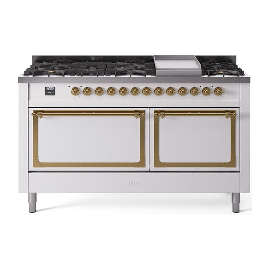 Ilve UN60FQNMPWHGLP Ilve Un60Fqnmpwhglp Nostalgie Ii Noblesse 60" Dual Fuel Range (9 Sealed Burners + Griddle, Liquid Propane, Solid Door, White, Brass)