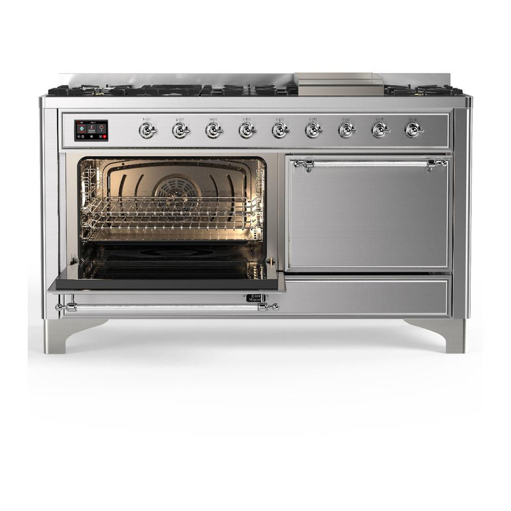 Ilve UM60FQNR3SSCLP Ilve Um60Fqnr3Ssclp Majestic Iii 60 Inch Dual Fuel Range With 9 Burners And Griddle, Dual Function Burner Up To 25,000 Btu (Liquid Propane, Solid Door, Stainless Steel, Chrome)