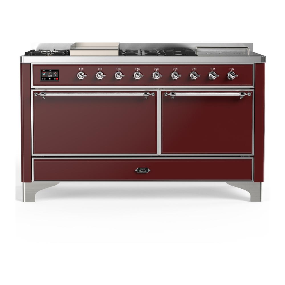 Ilve UM60FSQNR3BUC Ilve Um60Fsqnr3Buc Majestic Iii 60 Inch Dual Fuel Range With 7 Burners, Griddle And French Top, Dual Function Burner With Up To 25,000 Btu (Natural Gas, Solid Door, Burgundy, Chrome)