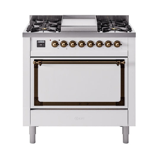 Ilve UN36FQNMPWHB Ilve Un36Fqnmpwhb Nostalgie Ii Noblesse 36" Dual Fuel Range (Natural Gas, Solid Door, White, Burnished)