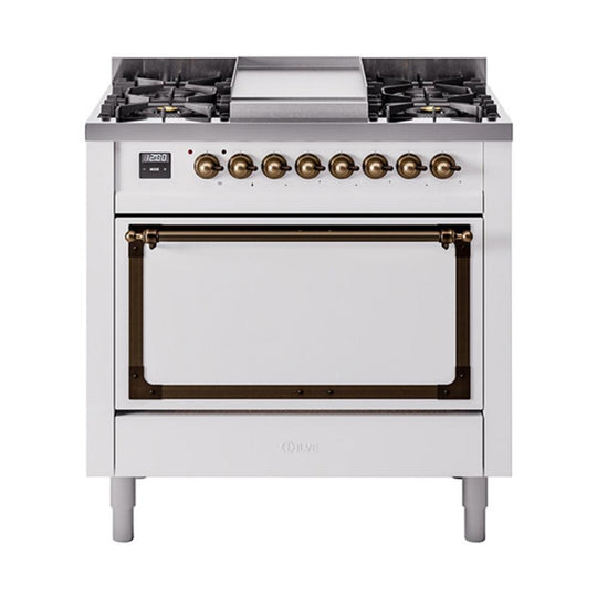 Ilve UN36FQNMPWHB Ilve Un36Fqnmpwhb Nostalgie Ii Noblesse 36" Dual Fuel Range (Natural Gas, Solid Door, White, Burnished)