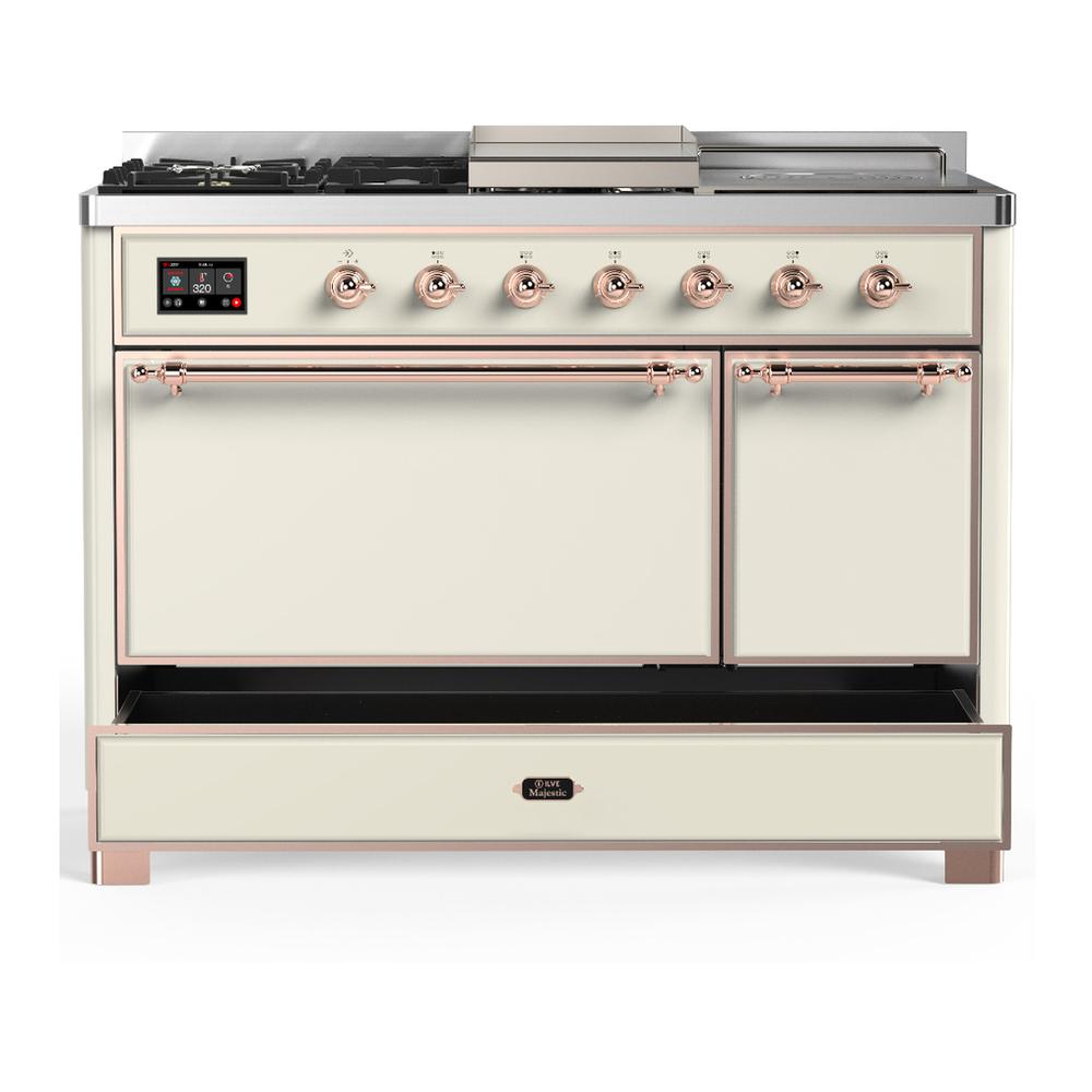 Ilve UM48FSQNR3AWPLP Ilve Um48Fsqnr3Awplp Majestic Iii 48 Inch Dual Fuel Range With 5 Black Brass Burners, Griddle And French Top, Dual Function Burner Up To 25,000 Btu (Liquid Propane, Solid Door, Antique White, Copper)