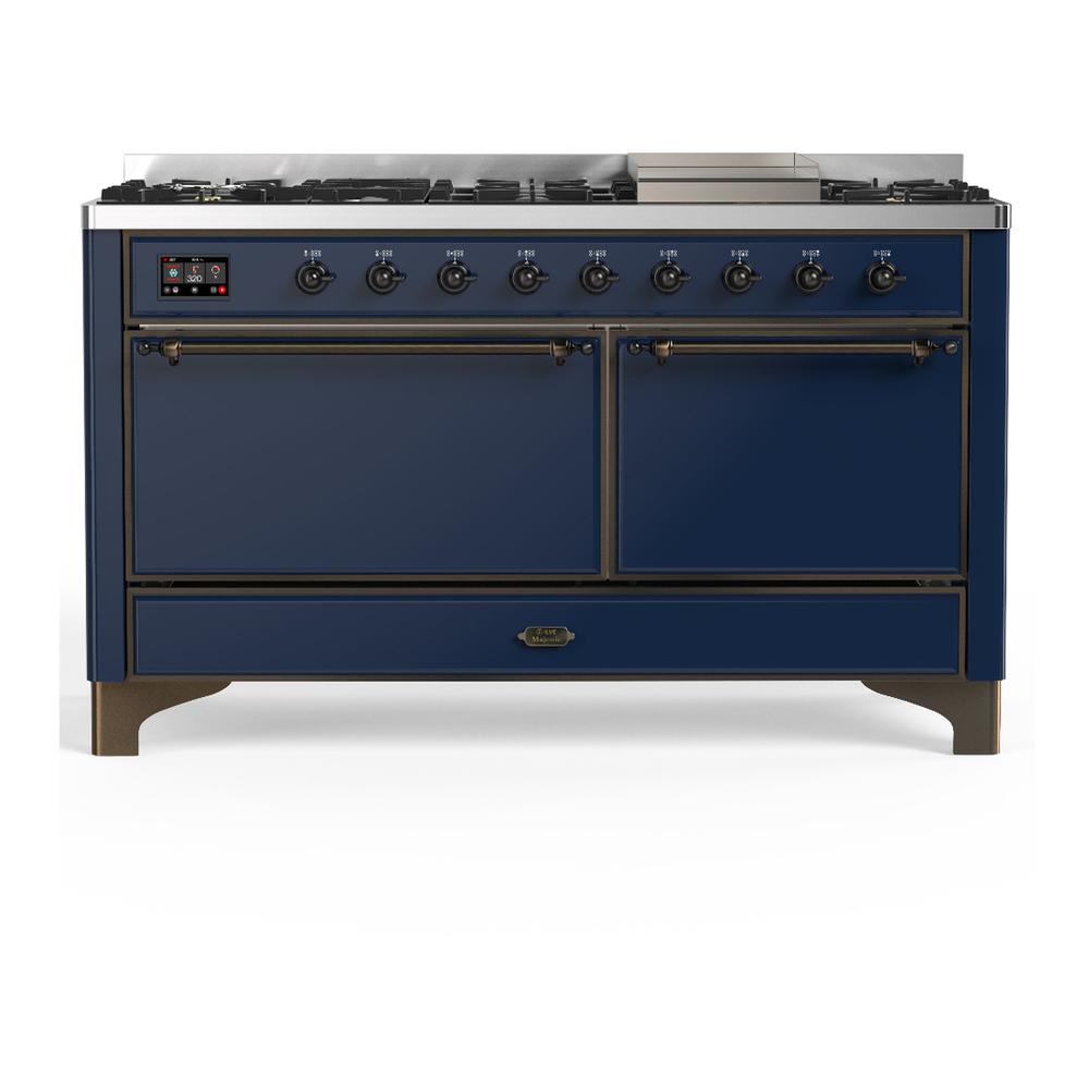 Ilve UM60FQNR3MBB Ilve Um60Fqnr3Mbb Majestic Iii 60 Inch Dual Fuel Range With 9 Burners And Griddle, Dual Function Burner Up To 25,000 Btu (Natural Gas, Solid Door, Midnight Blue, Burnished)